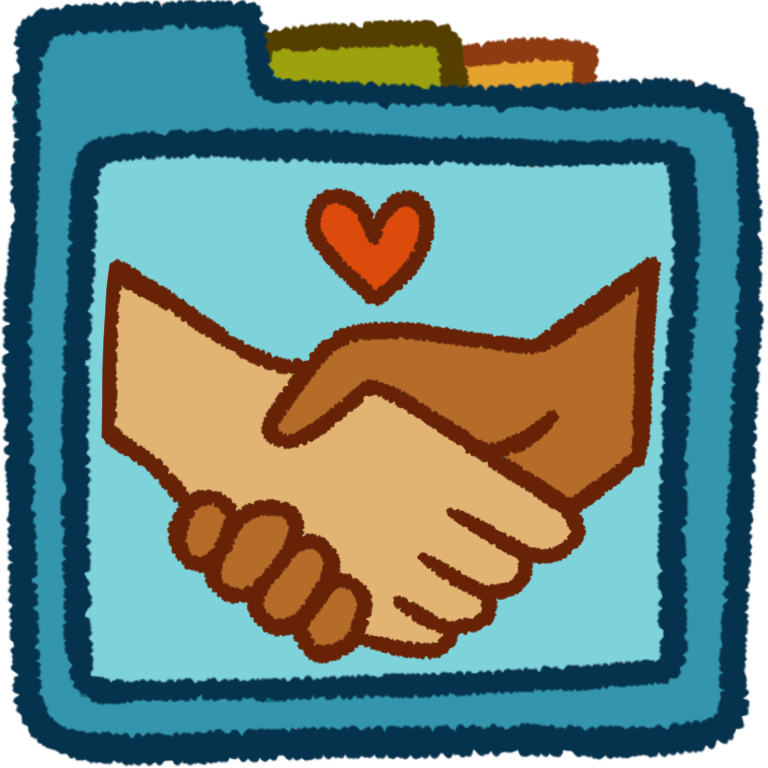 a light and a brown hand shaking hands with a small heart above them inside a teal folder that has green and orange folder tabs behind it.